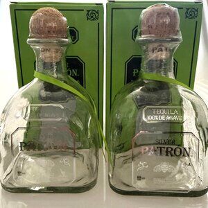 2 DIY PATRON SILVER TEQUILA BOTTLES, GLASS 750 ML WITH BOXES